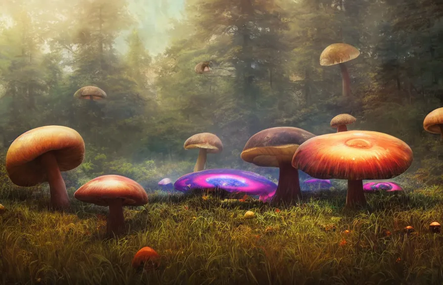 Image similar to A realistic painting of a vintage turntable, with giant psychedelic mushrooms growing out of it, in a post apocalyptic setting, ghibli, unreal 5, DAZ, hyperrealistic, octane render, RPG portrait, dynamic lighting
