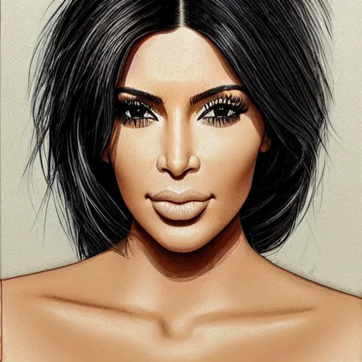 Prompt: kim kardashian, head and shoulders portrait, extremely detailed masterpiece, one single continues line.