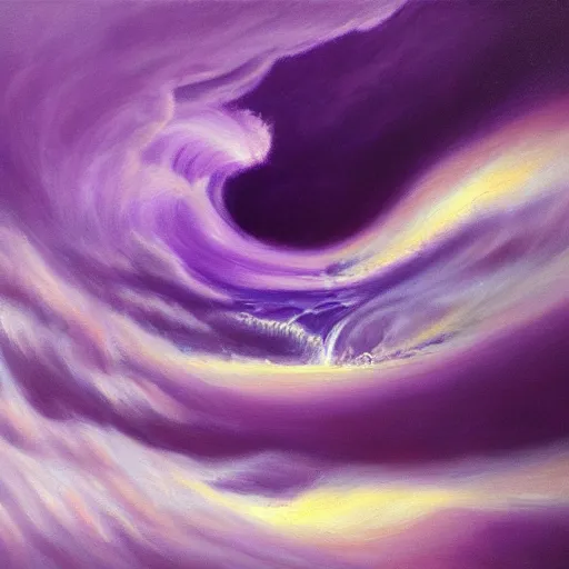 Image similar to a detailed oil painting of a purple tornado descending from the clouds in the ocean. the color of the tornado is purple, and its really realistic