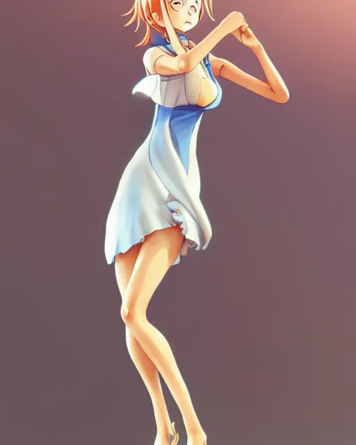 Image similar to nami from one piece, simple cream dress, detailed perfect face, mid view, by artgerm, by studio muti, greg rutkowski makoto shinkai takashi takeuchi studio ghibli