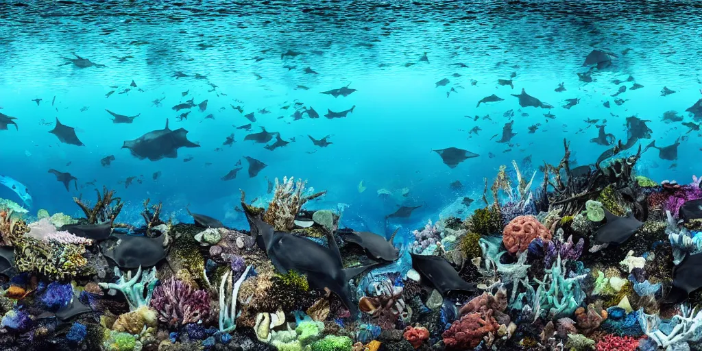 Image similar to hyperrealistic underwater photography, panoramic picture of an ocean floor with in the distance some manta rays. focus on the sharks. the manta rays are anatomically correct and highly detailed. the eyes are intricately detailed. there are lots of bubbles. seaweed and some rocks. gloomy scattered light entering from the water surface, trending on artstation, hq, 4 k