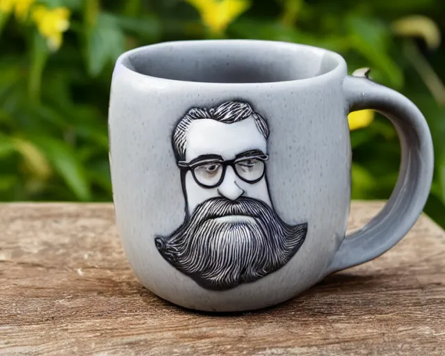 Prompt: mr robert is drinking fresh tea in a garden from spiral mug, detailed face, wearing glasses, grey beard, 8 k