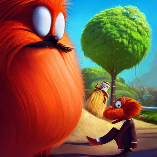 Image similar to the lorax looking soulfully into the eyes of doctor robotnik. by rhads, lois van baarle, jean - baptiste monge.