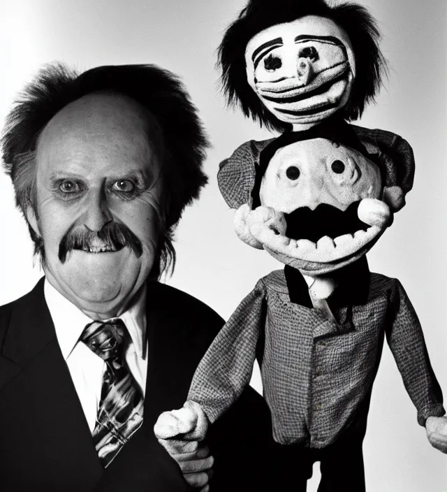 Image similar to hyper realistic old 1 9 8 0 photography of lunatic mad ventriloquist old man with terrific haunted puppet