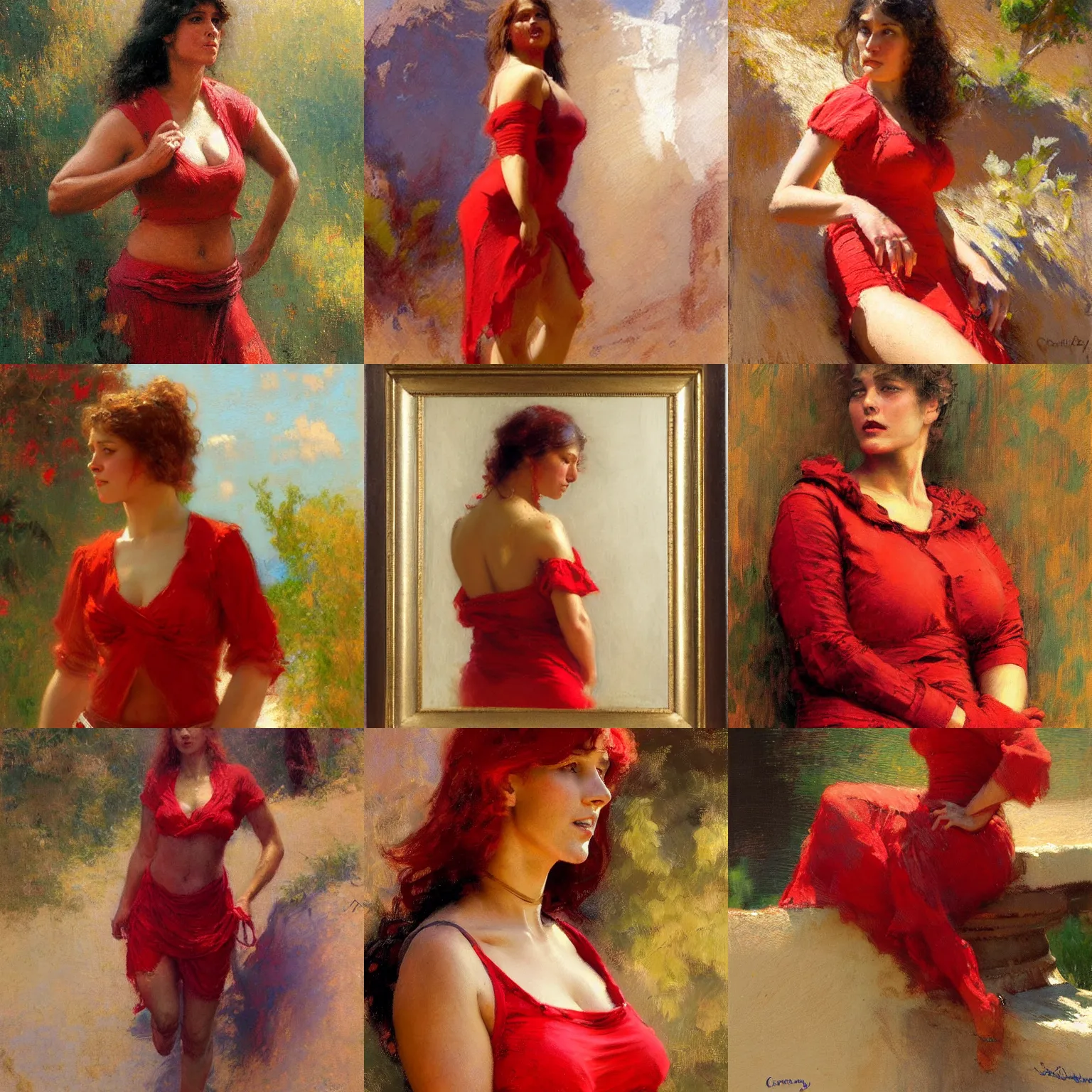 Image similar to a woman in a red top with a normal body type, painting by Gaston Bussiere, Craig Mullins