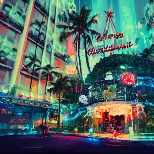 Image similar to christmas in hawaii by james gilleard and liam wong and jeremy mann, extra wide angle