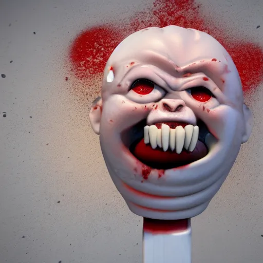 Prompt: ice cream popsicle in the shape of screaming chucky doll, octane render