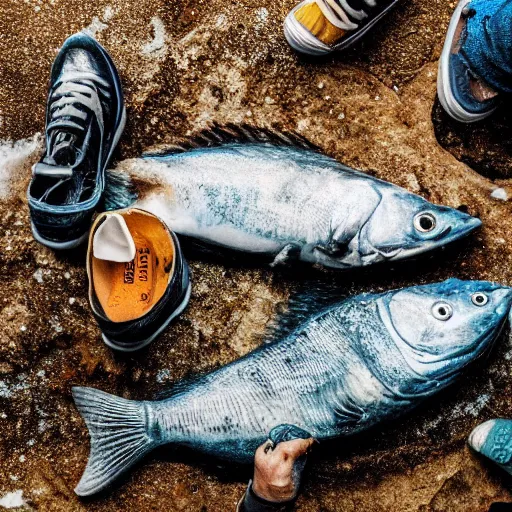 Image similar to ultra detailed photo, man wearing shoes made out of fish