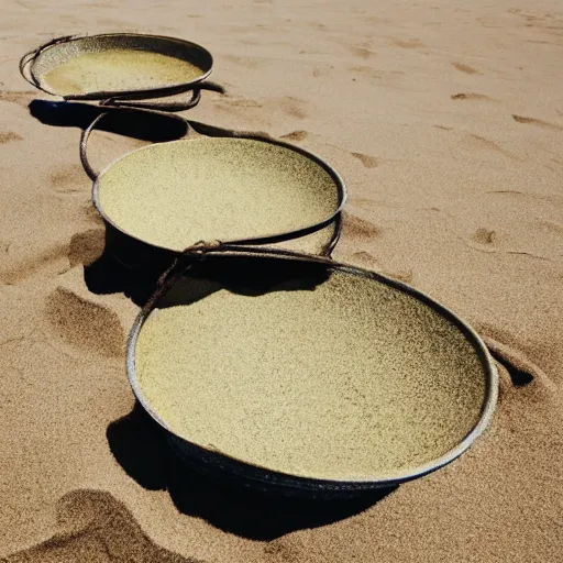 Image similar to three woks, each with the approximate dimensions of 50cm long and 30 cm wide, placed on a sandy beach, with ocean in the background, photorealistic, 8k