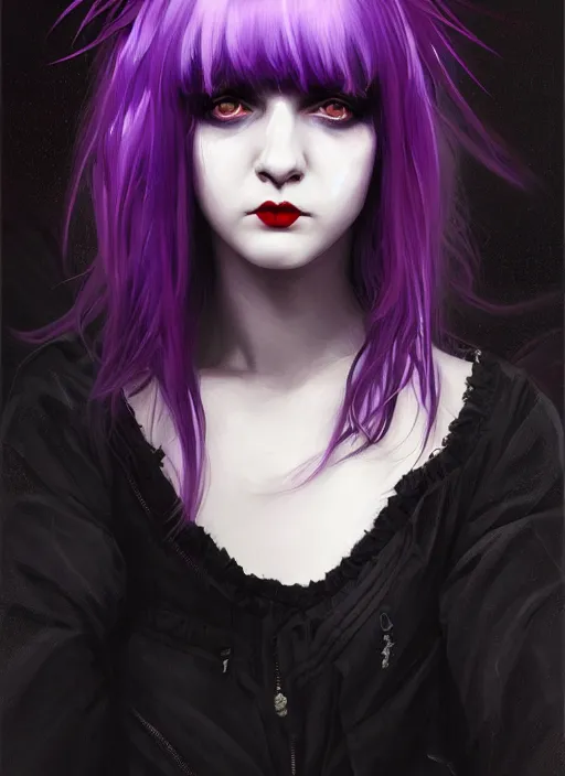 Image similar to portrait of white teenage girl, normal face, black bangs, mall goth, cyberlox, black and white hair, bangs, fluffy bangs, red contacts, purple lipstick, intricate, elegant, highly detailed, digital painting, artstation, concept art, sharp focus, smooth, illustration, art by wlop, mars ravelo and greg rutkowski