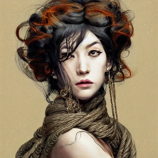 Image similar to portrait of a Shibari rope wrapped face and neck, headshot, insanely nice professional hair style, dramatic hair color, digital painting, of a old 13th century, traveler, amber jewels, baroque, ornate clothing, scifi, realistic, hyperdetailed, chiaroscuro, concept art, art by Franz Hals and Jon Foster and Ayami Kojima and Amano and Karol Bak,