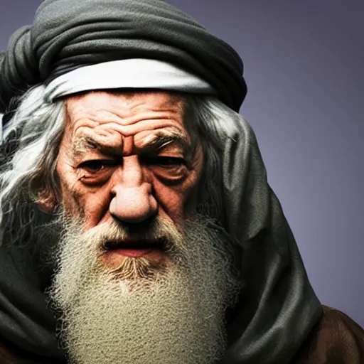 Prompt: landscape photo of ian mckellen as osama bin laden in a dark hood fighting an alien invasion by creatures from jupiter, arial shot, highly detailed, cinematic shot, cinematic lighting, 8 k.