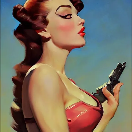 Image similar to greg manchess portrait painting of beauty 1 9 4 0's pinup as overwatch's characters, medium shot, asymmetrical, profile picture, organic painting, sunny day, matte painting, bold shapes, hard edges, street art, trending on artstation, by huang guangjian and gil elvgren and sachin teng