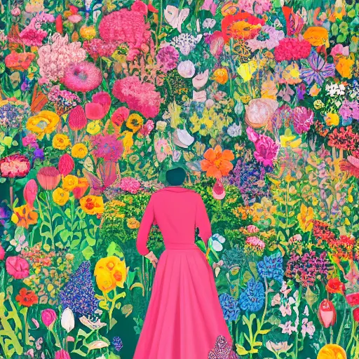 Image similar to a woman standing in a garden of flowers, a jigsaw puzzle by christen dalsgaard, featured on behance, maximalism, rich color palette, maximalist, vivid color