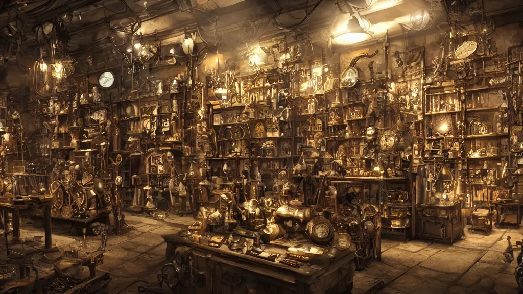 Image similar to A steampunk store, by Lee Fitzgerald, ultra detailed displays of weapons and clockwork machinations densely packed on shelves, volumetric lighting, 8k, unreal engine, trending on artstation