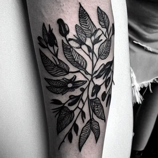 Prompt: delicate tattoo of flowers, insects and leaves in black and white that totally covers a female arm