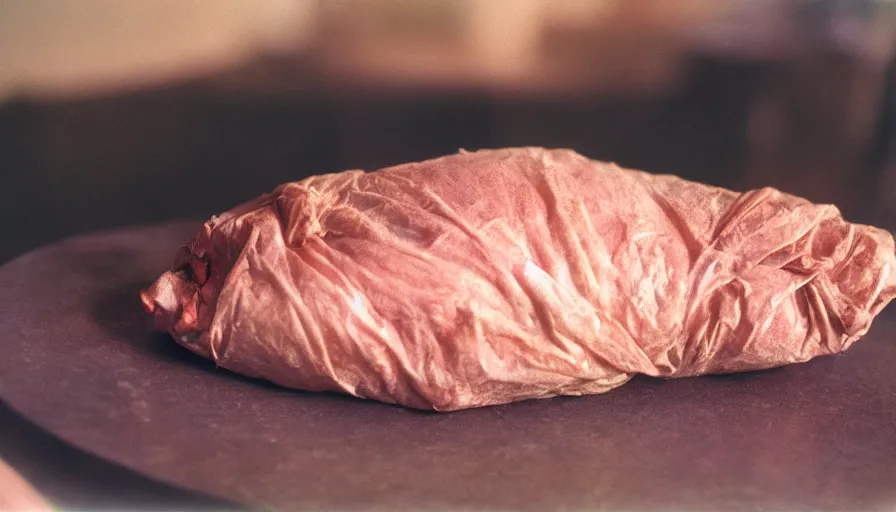 Image similar to 5 0 s movie still of a pork in a cocoon, cinestill 8 0 0 t 3 5 mm technicolor, heavy grain, high quality, high detail