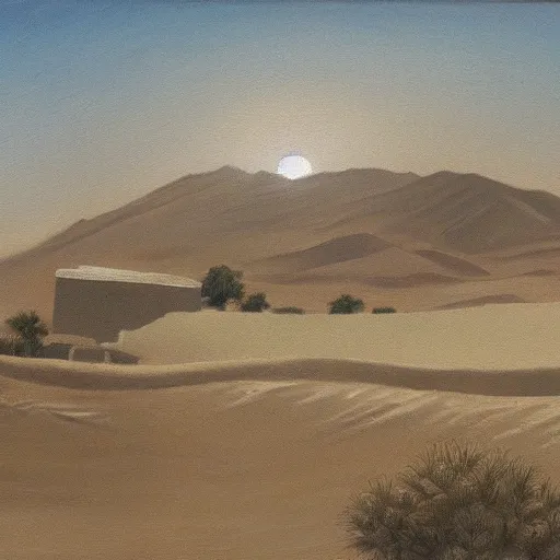 Image similar to a beautiful painting of a village in the desert, white houses, two suns