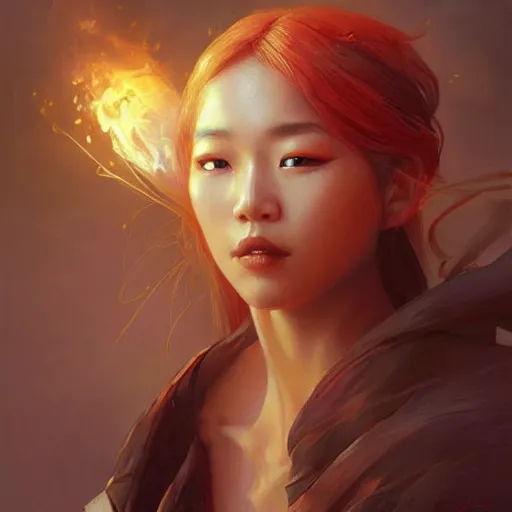 Prompt: Asian female fire elemental, lifelike, portrait, highly detailed, digital painting, artstation, concept art, sharp focus, illustration, cinematic lighting, art by artgerm and greg rutkowski and alphonse mucha