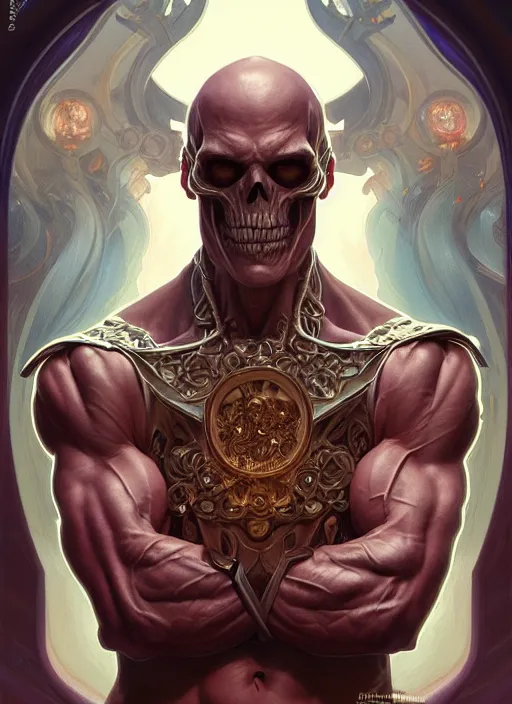 Image similar to symmetry! portrait of skeletor, d & d, muscular! fantasy, intricate, elegant, highly detailed, digital painting, artstation, concept art, smooth, sharp focus, illustration, art by artgerm and greg rutkowski and alphonse mucha