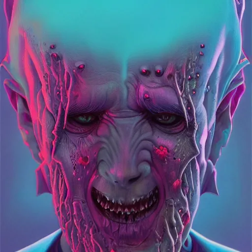 Image similar to Hyperdetailed psychedelic horror fantasy portrait of a vampire by Wayne Barlowe and Beeple, vivid color, album cover,