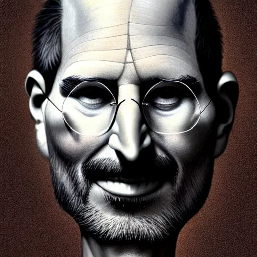 Prompt: apples arranged in the shape of a face of steve jobs, fantasy, intricate, elegant, highly detailed, lifelike, photorealistic, digital painting, artstation, illustration, smooth, sharp focus, art by giuseppe arcimboldo