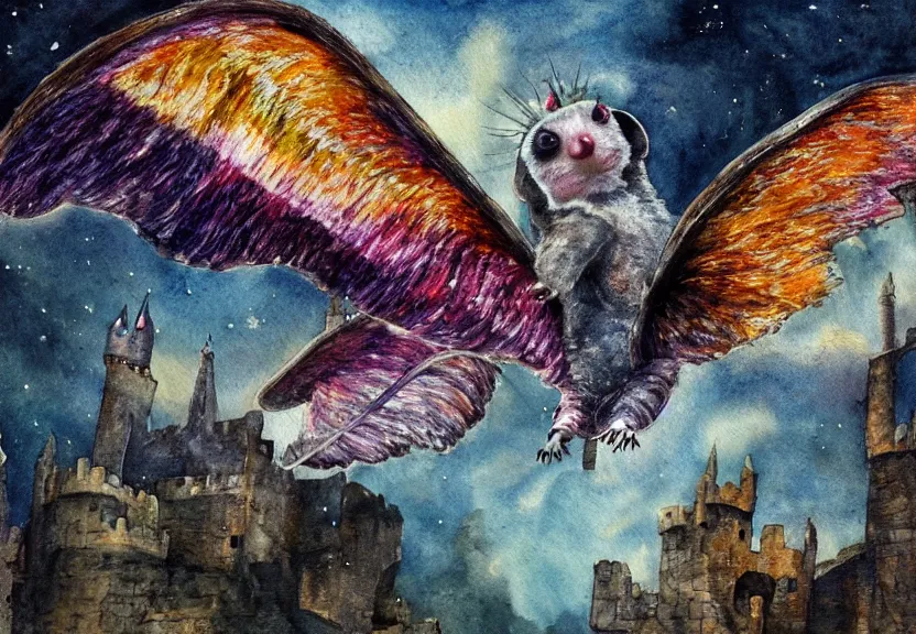 Image similar to the legendary colorful winged possum is flying over a medieval castle under the dark starred sky, dark fantasy, watercolor, dreaming illusion, highly detailed, 4k, trending on Artstation, award-winning
