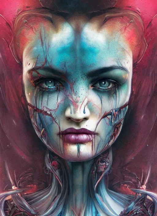 Prompt: portrait of a female half-demon half-angel, full character, full body, 8k ,by tristan eaton,Stanley Artgermm,Tom Bagshaw,Greg Rutkowski,Carne Griffiths, Ayami Kojima, Beksinski, Giger,trending on DeviantArt,face enhance,hyper detailed,minimalist,cybernetic, android, blade runner,full of colour