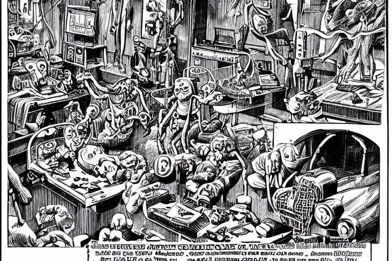 Image similar to a strange battle in an old hospital between old people and babies Robert Crumb Basil Wolverton pen and ink highly detailed perfect composition beautiful strange masterpiece