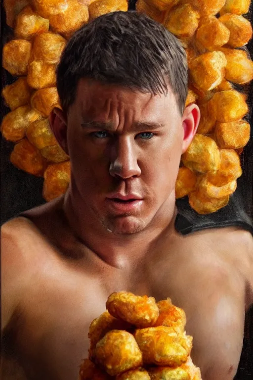 Image similar to channing tatum in a tater tot costume, oil on canvas, intricate, portrait, 8 k highly professionally detailed, hdr, cgsociety