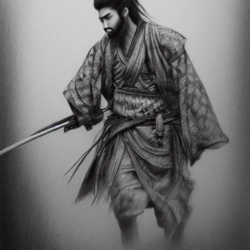 Image similar to Kurdish samurai, detailed charcoal sketch, realistic, incredibly detailed, award winning art, cinematic, extremely high detail, concept art