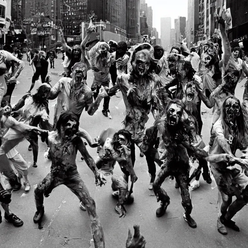 Prompt: horde of radioactive zombies staggering in new york city street, 1970s, 35mm film look, Kodak Portra 400, 8k