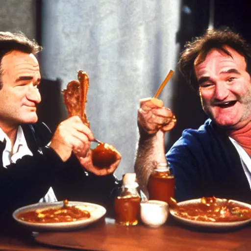 Prompt: robin williams and bill mirray at a restaurant eating ribs, messy food, bbq sauce on their clothes, bill murray has a crazy look in his eye, john candy plays the worried waiter who is brusing his sauce hair in the smudged mirror, aberrant reflection