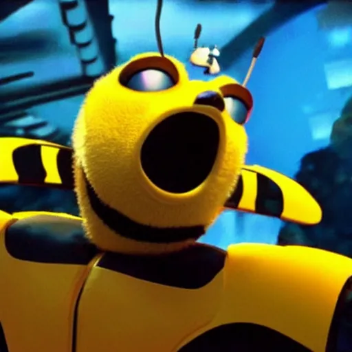 Image similar to bumblebee singing on stage with a keyboard in a pixar movie