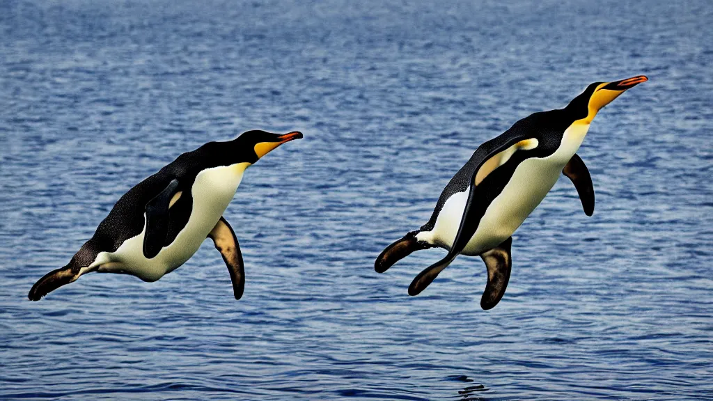 Prompt: A penguin flying with a basket of fish, highly detailed, photograph