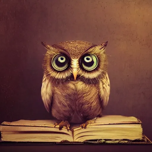 Prompt: long shot of a very cute plushy owl sitting on a pile of antique books, big eyes, eyelids half closed, by esao andrews, humorous illustration, hyperrealistic, big depth of field, fresh colors, dim light, 3 d octane render conceptart, 4 k, hyperdetailed, trending on artstation