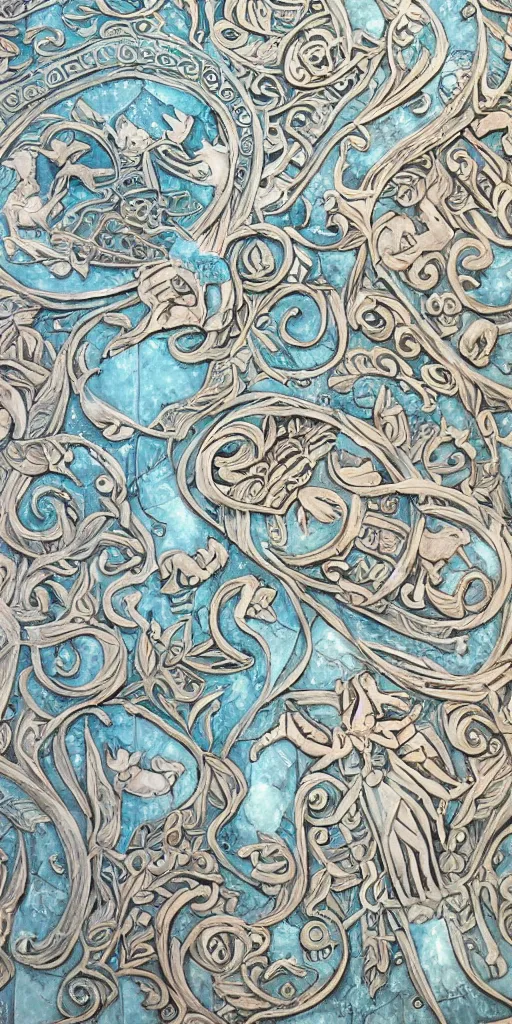 Prompt: intricate colourfully painted carved Soapstone relief paneling, white and pale blue , celestial, pig, piglet, piggy, pig goddess, mother earth, Earth Goddess mythology, Gaia, angels, divinity, Ghostly, crystaline celtic, insanly detailed , artstation, wallpaper, hyper realistic, realistic lighting