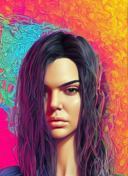 Image similar to portrait of kendall jenner an ultrafine detailed illustration by james jean, intricate linework, bright colors, final fantasy, behance contest winner, vanitas, angular, altermodern, unreal engine 5 highly rendered, global illumination, radiant light, detailed and intricate environment