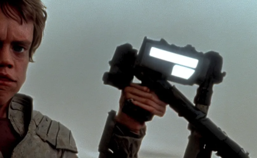 Prompt: screenshot of the epic scene featuring Luke Skywalker in grey body armor, iconic scene from 1980s film by Stanley Kubrick, 4k, cinematic still frame, surreal sci fi architecture, portrait photoreal, detailed face, moody lighting, stunning cinematography, hyper detailed, sharp, anamorphic lenses, kodak color film stock