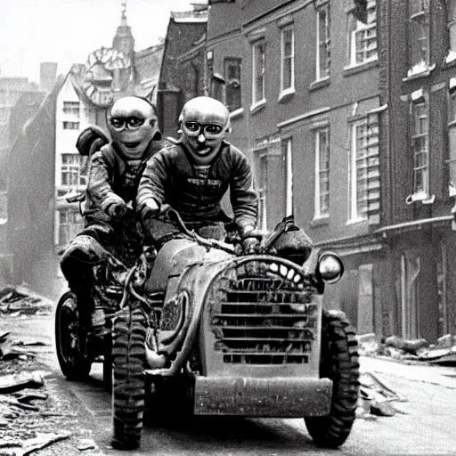 Prompt: minions from despicable me ridding a half - track motorcycle with a single front wheel, better known as the kleines kettenkraftrad hk 1 0 1, in the empty and destroyed london, circa 1 9 3 9, 4 k hd