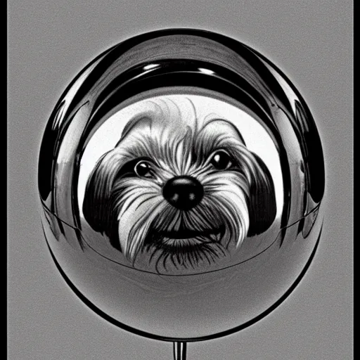 Image similar to self portrait of a havanese dog reflecting into a chrome sphere, 1 9 5 0 s, pen on paper, by mc escher