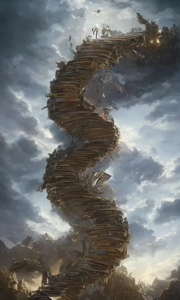 Image similar to endless stairs made of books leading to heaven, sky full of clouds, art by greg rutkowski and peter mohrbacher, featured in artstation, octane render, cinematic, elegant, intricate, ultra detailed, rule of thirds, professional lighting, unreal engine, fantasy, concept art, sharp focus, illustration, 8 k