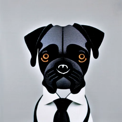 Prompt: portrait of black pugalier dog wearing suit and tie, by damien hurst