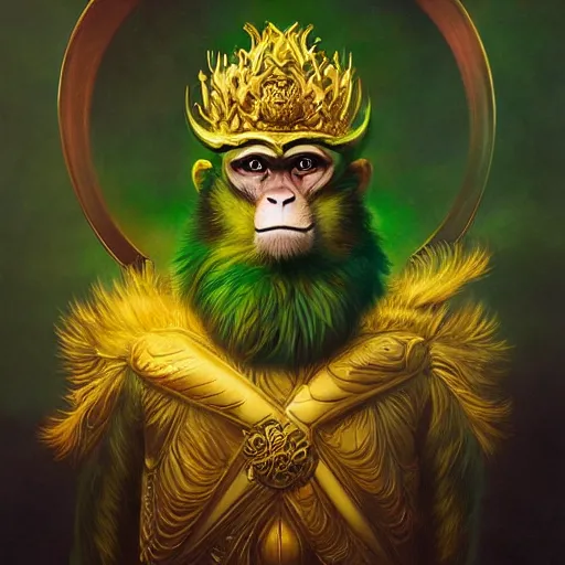 Prompt: monkey king of the mountains, gold and green, portrait, by Anato Finnstark, Tom Bagshaw, Brom