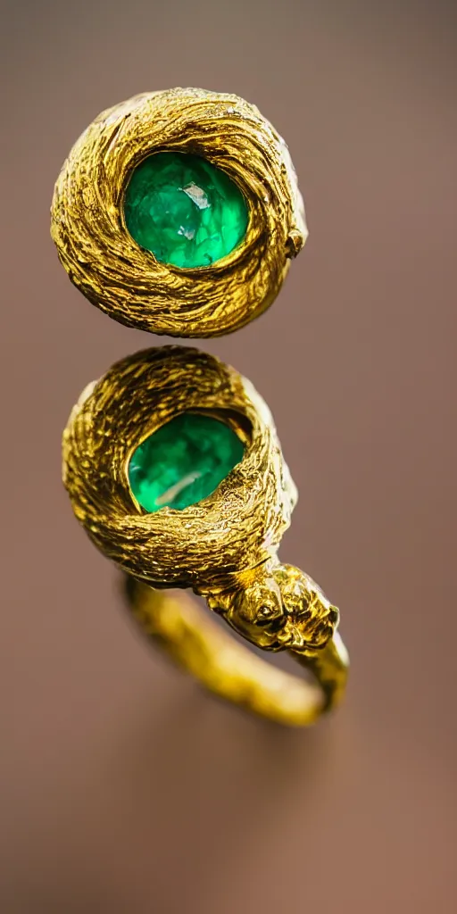 Image similar to a golden ring which is shaped in the form of an ouroboros with emerald jewels as eyes, Nikon D810, ƒ/5.6, focal length: 60.0 mm, ISO: 200