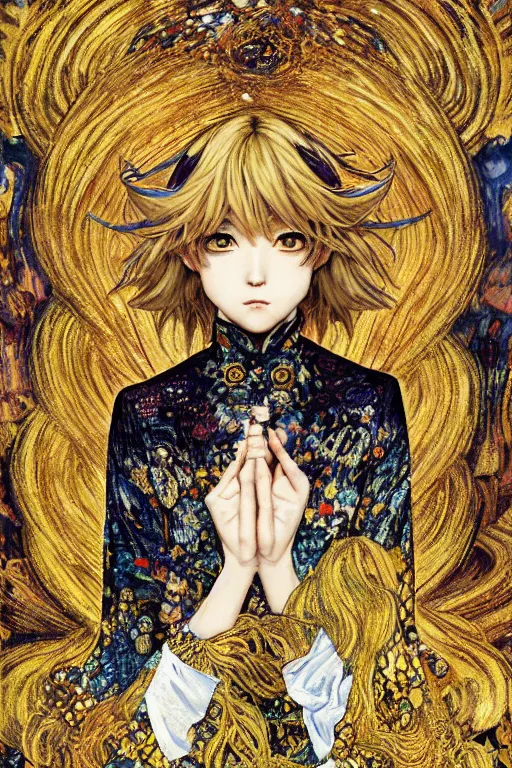 Image similar to Kirisame Marisa from touhou, official artwork, danbooru, by Karol Bak, Jean Deville, Gustav Klimt, and Vincent Van Gogh, Surreality, fractal structures, arcane, ornate gilded medieval icon