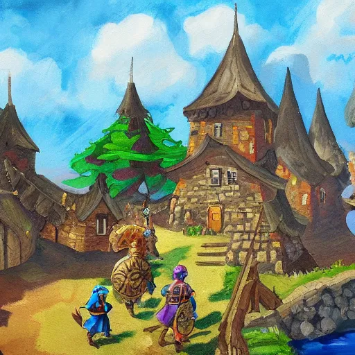 Prompt: A painting of a small medieval town in Hyrule, Legend of Zelda