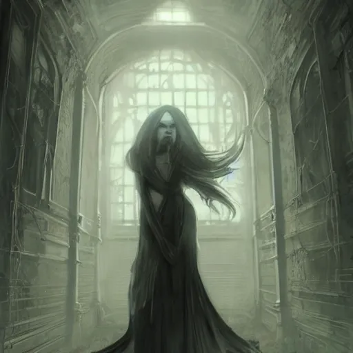 Image similar to shadowy spirit in abandoned hospital hallway, horror, creepy, intricate, elegant, highly detailed, digital painting, artstation, concept art, smooth, sharp focus, illustration, art by artgerm and greg rutkowski and alphonse mucha