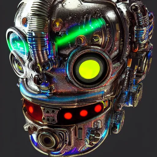 Prompt: a chrome aztec steampunk spaced out futuristic robot head wearing trippy brain sensors, 8 k, front shot, symetrical, flourescent colors, halluzinogenic, multicolored, insanely detailed, front shot, 3 d render, octane