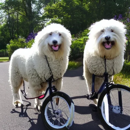 Image similar to two old english sheep dogs on a tandem bicycle